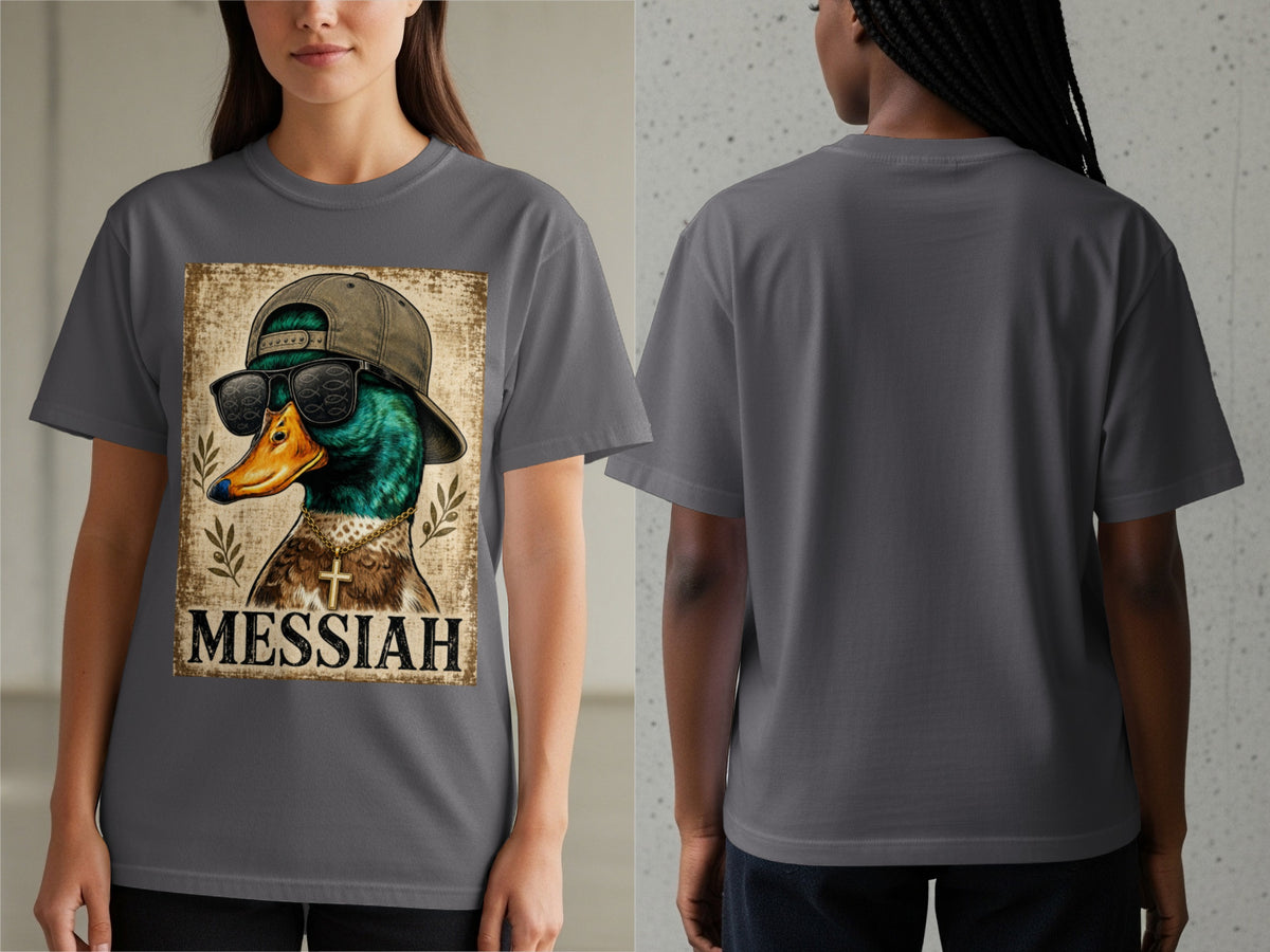 Dark grey t-shirt with a graphic of a duck wearing sunglasses, hat and necklace, and text "MESSIAH".