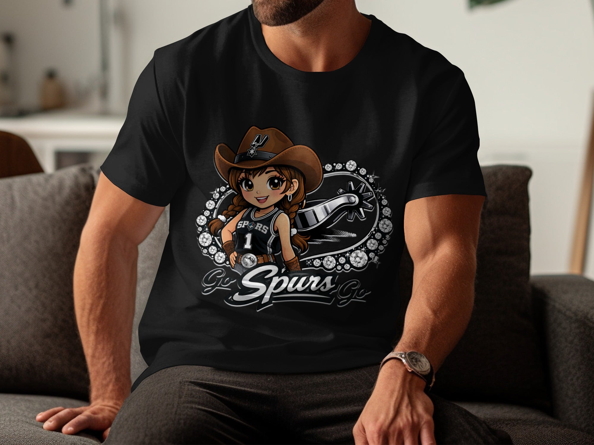 Black t-shirt with cartoon spurs player wearing cowboy hat and "Go Spurs Go" text.
