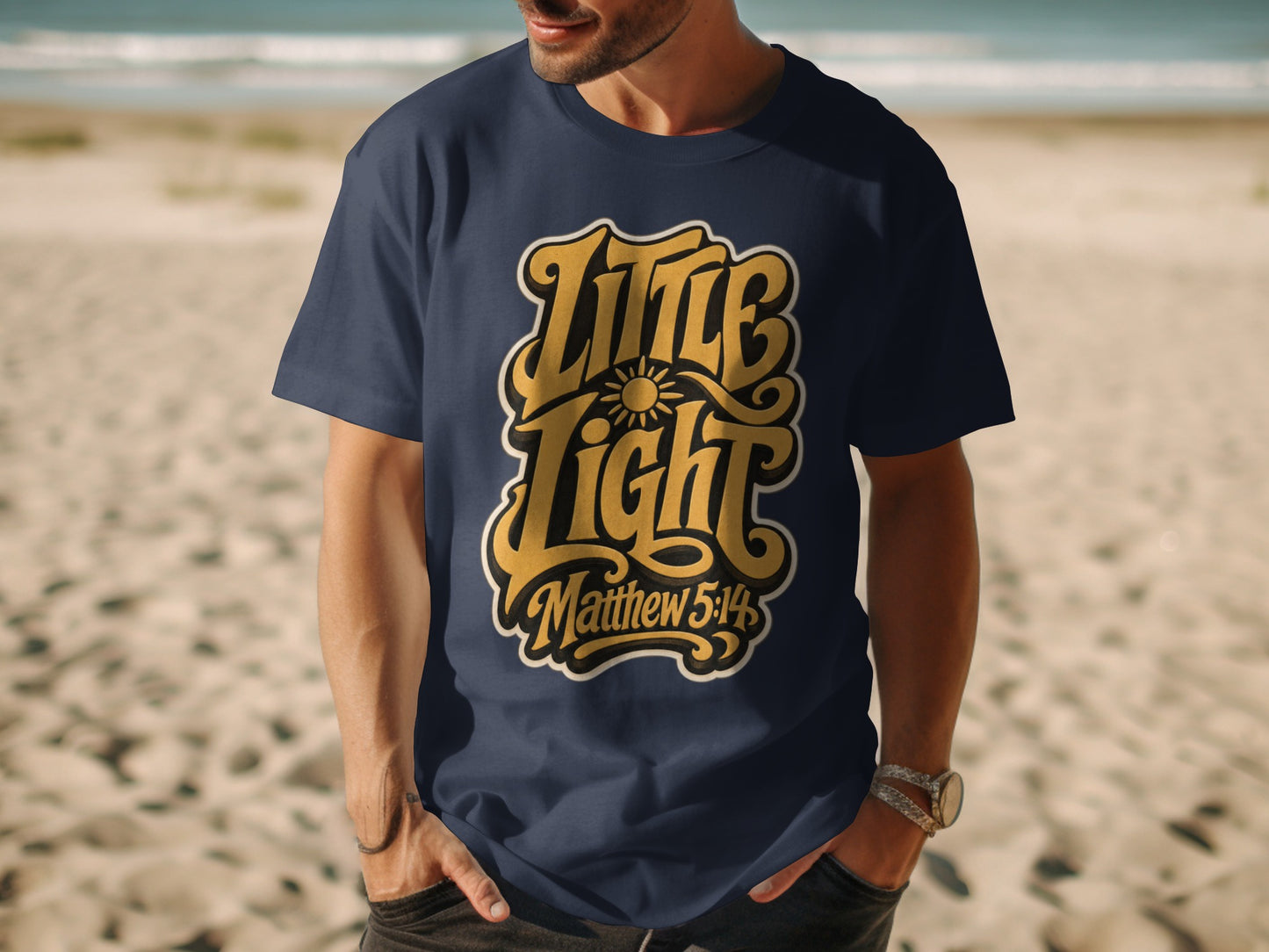 Navy t-shirt with yellow "Little Light" text and a sun graphic.