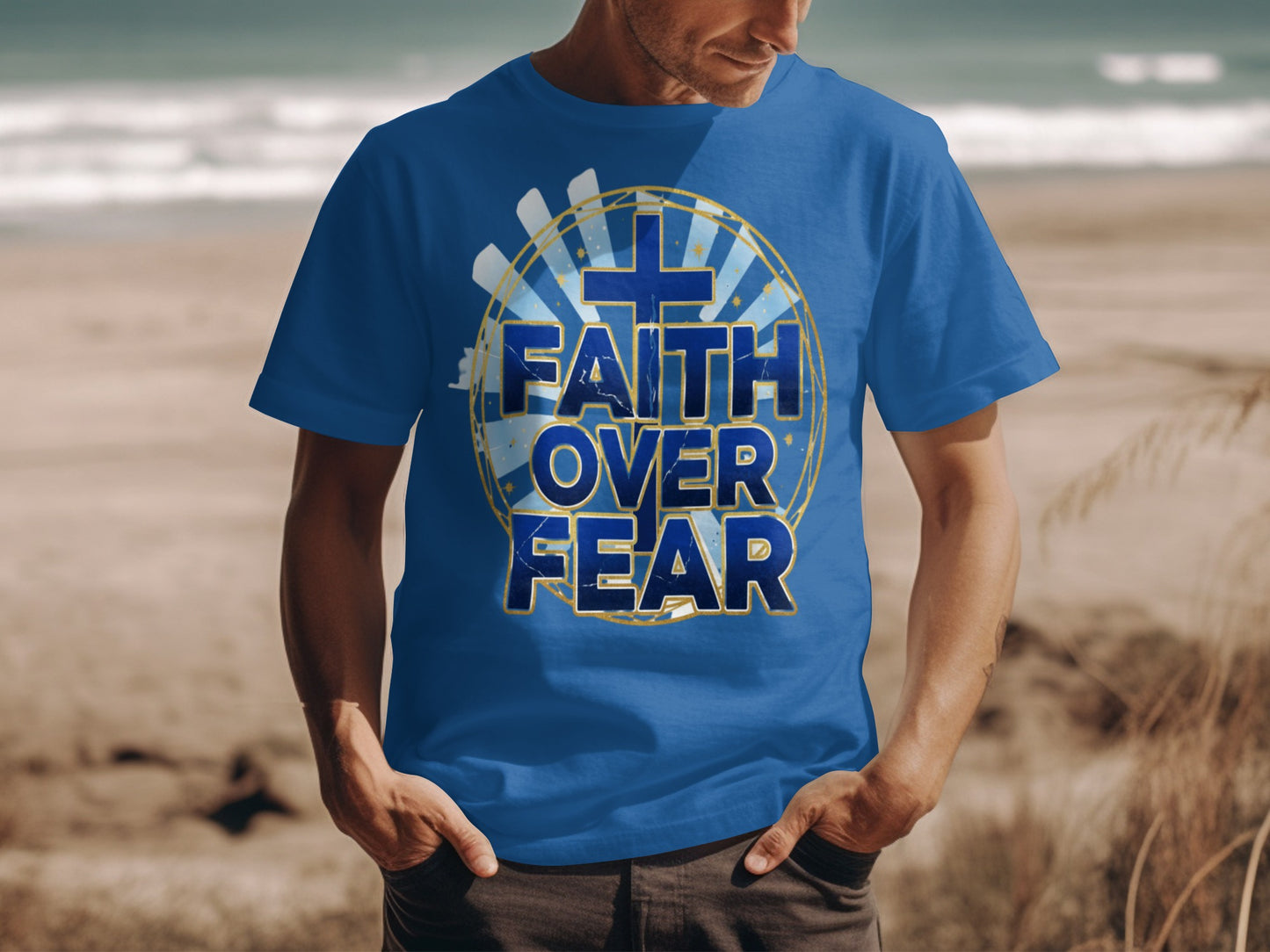 Blue t-shirt with "FAITH OVER FEAR" text and a central cross emblem.