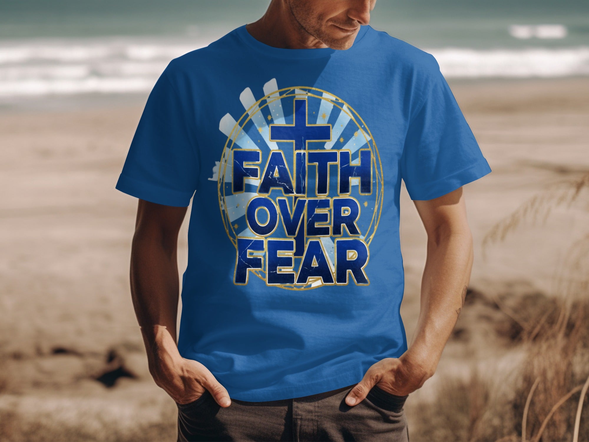 Blue t-shirt with "FAITH OVER FEAR" text and a central cross emblem.