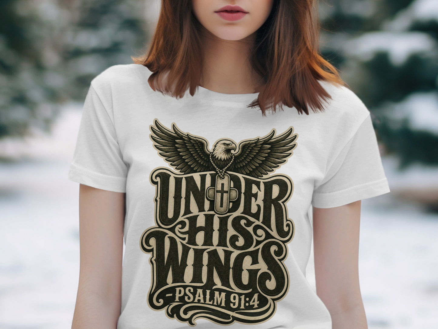 White t-shirt with eagle and "Under His Wings -Psalm 91:4" text graphic.