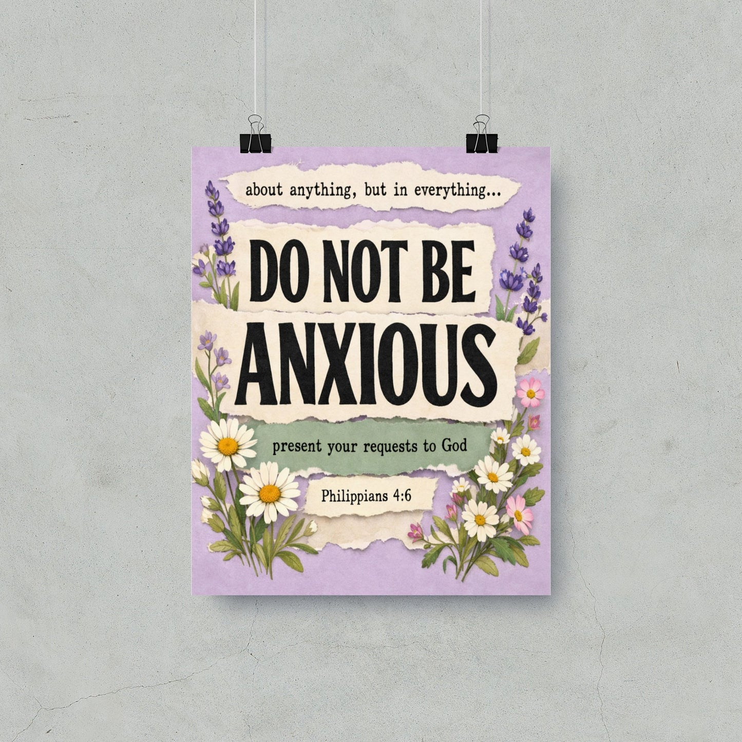 "Do Not Be Anxious" text art with Philippians 4:6 and floral accents.