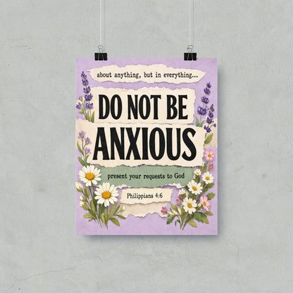 "Do Not Be Anxious" text art with Philippians 4:6 and floral accents.
