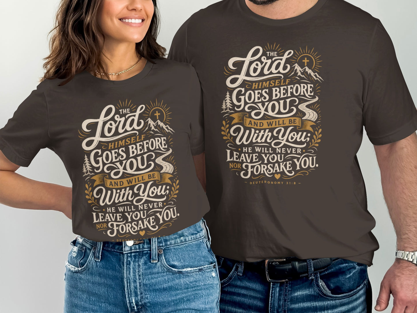 Brown t-shirts with "The Lord himself goes before you" scripture.