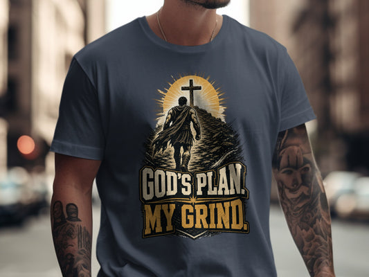 T-shirt graphic with warrior walking towards cross, text "God's Plan. My Grind."