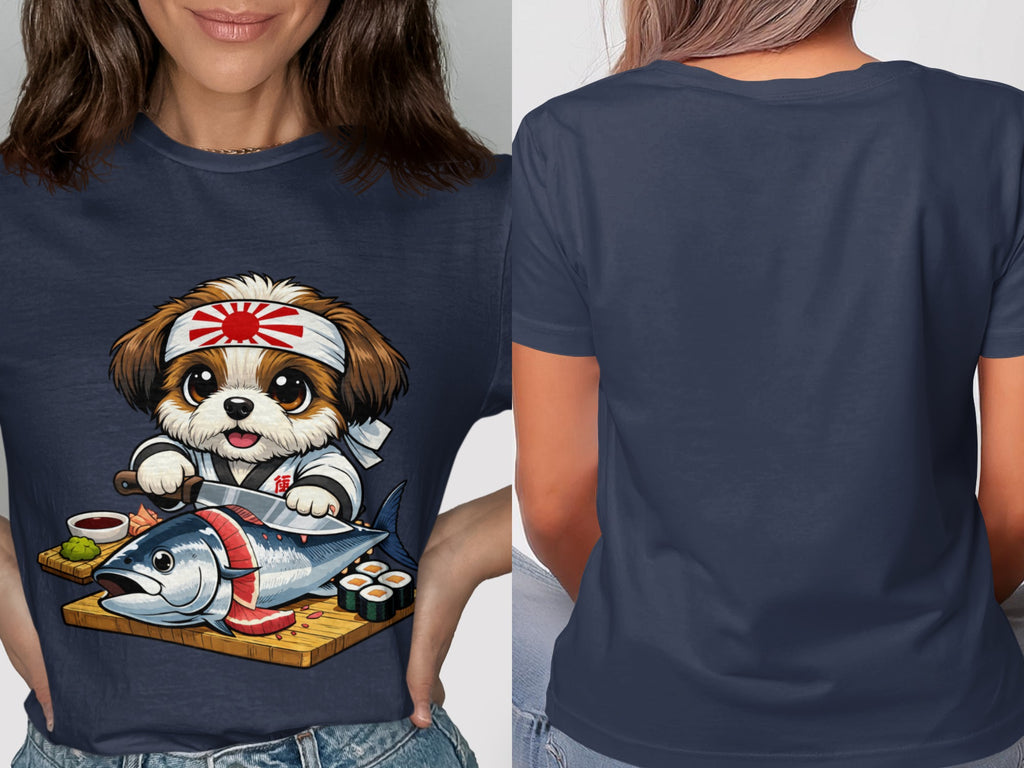 Shih Tzu dog in chef's uniform preparing sushi with a tuna.