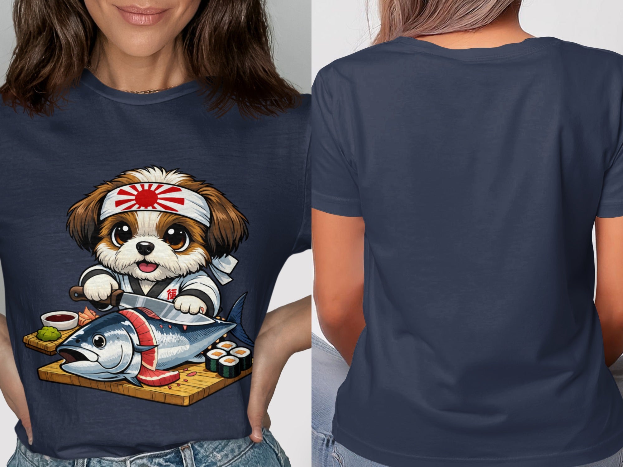 Shih Tzu dog in chef's uniform preparing sushi with a tuna.