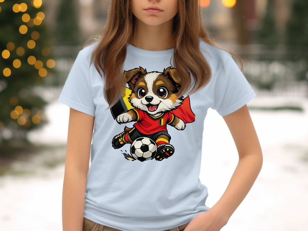 Cartoon dog in Belgian soccer uniform kicking a ball with Belgium flag cape