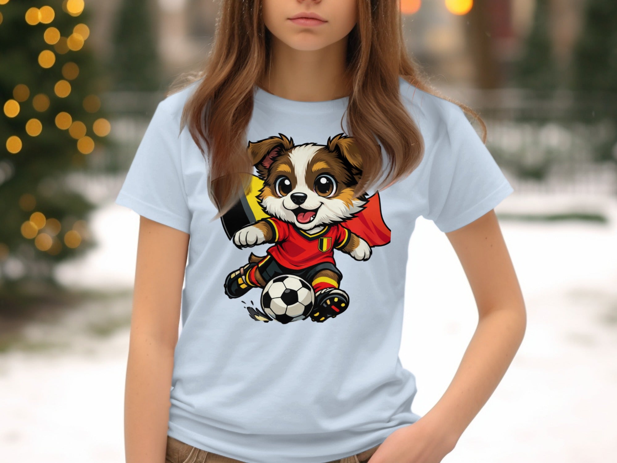 Cartoon dog in Belgian soccer uniform kicking a ball with Belgium flag cape