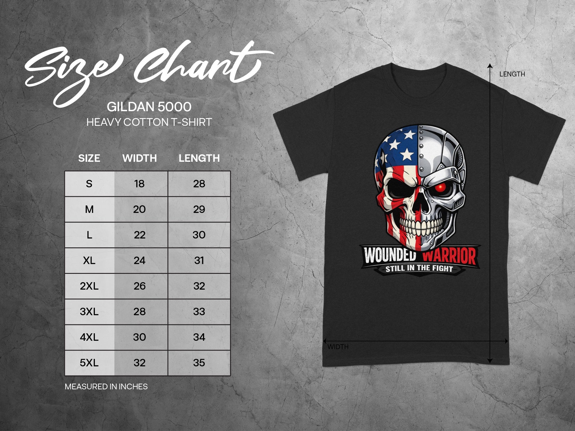 Gildan 5000 Heavy Cotton T-Shirt size chart with chest width and length in inches.