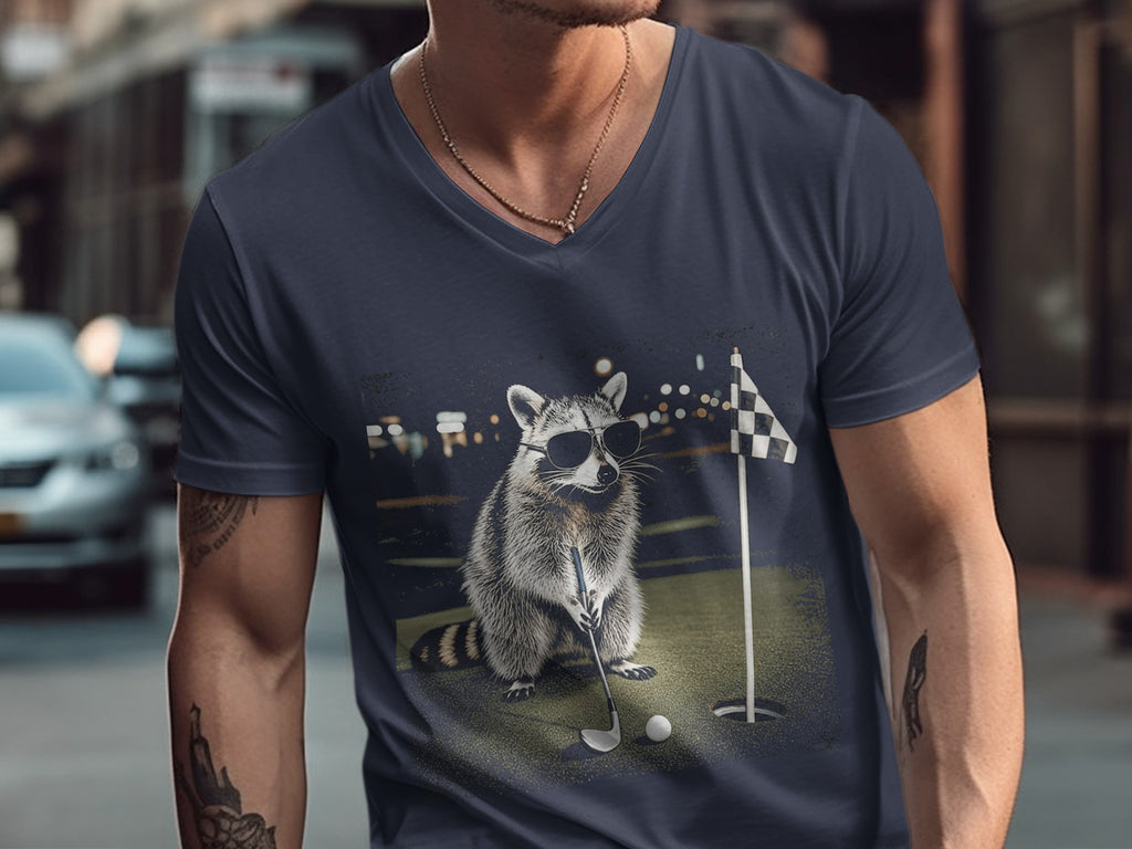 T-shirt with raccoon wearing sunglasses playing golf with checkered flag