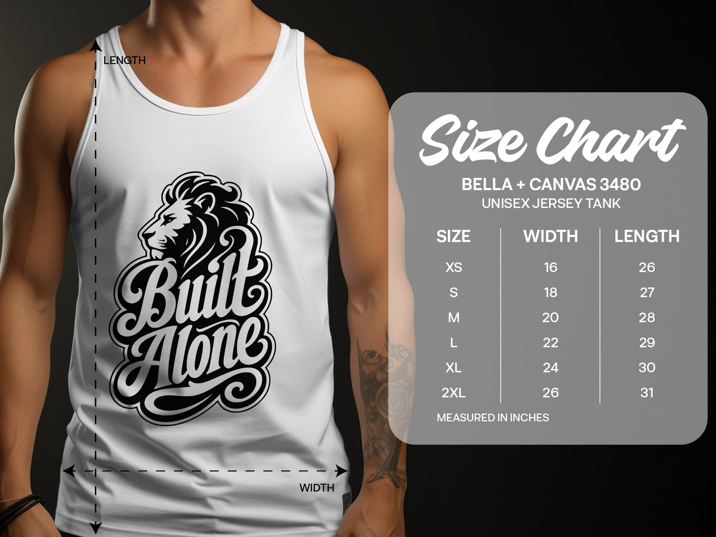 White unisex tank top with "Built Alone" lion graphic and size chart.