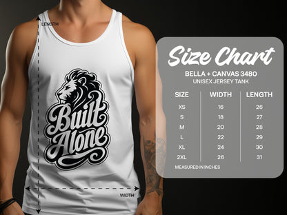 White unisex tank top with "Built Alone" lion graphic and size chart.