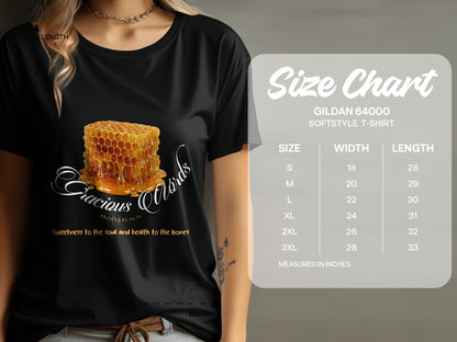 Black t-shirt with honeycomb graphic and text "Gracious Words" and "Sweetness to the soul and health to the bones".