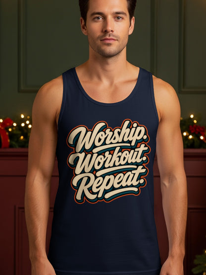 Navy tank top with "Worship. Workout. Repeat." text in cream and teal.