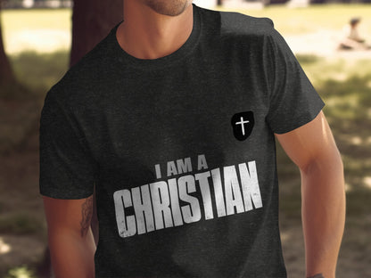 Dark t-shirt with white text "I AM A CHRISTIAN" and a cross emblem.