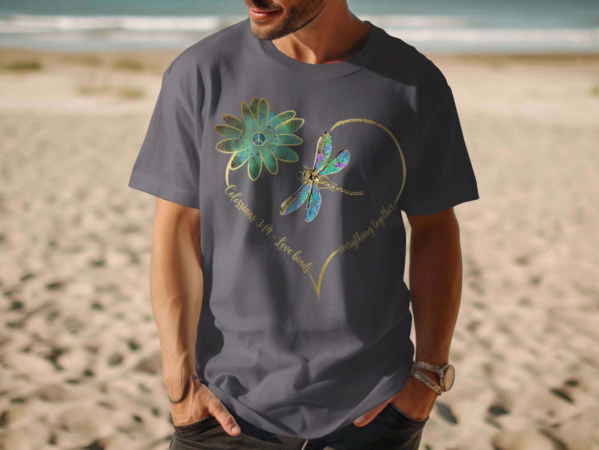 T-shirt with a dragonfly, flower, and "Colossians 3:14 - Love binds everything together" text.