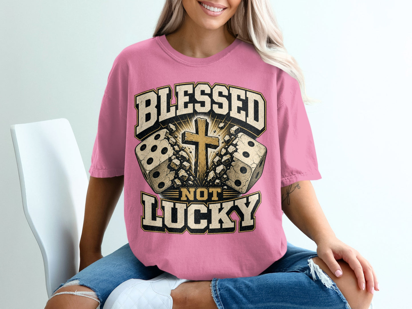 T-shirt with "Blessed Not Lucky" text, dice, and cross graphic.