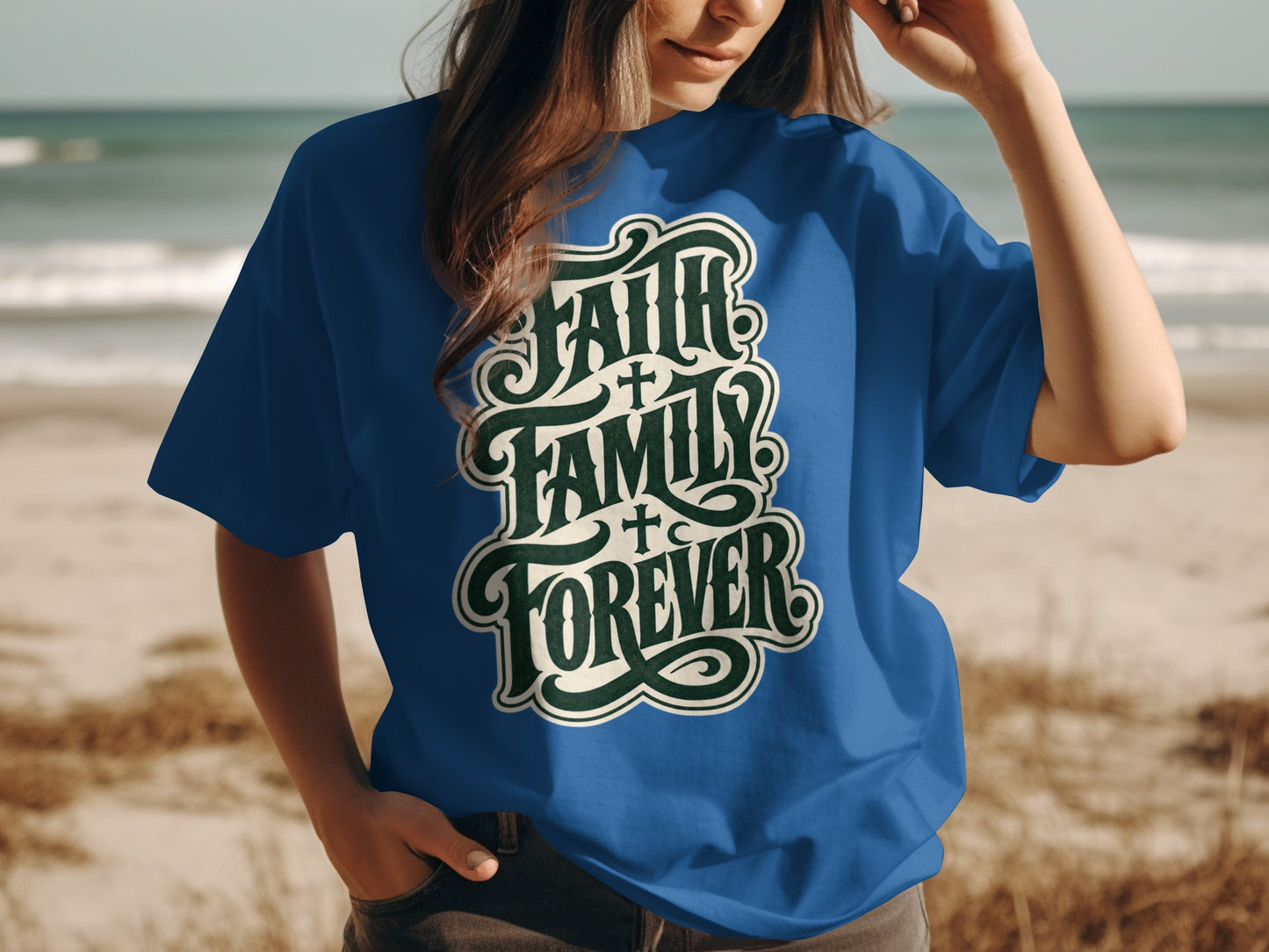 Blue t-shirt with "Faith, Family, Forever" text in decorative lettering.