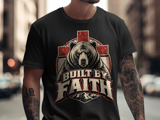 Black t-shirt with a bear, red cross, and "Built by Faith" text design.