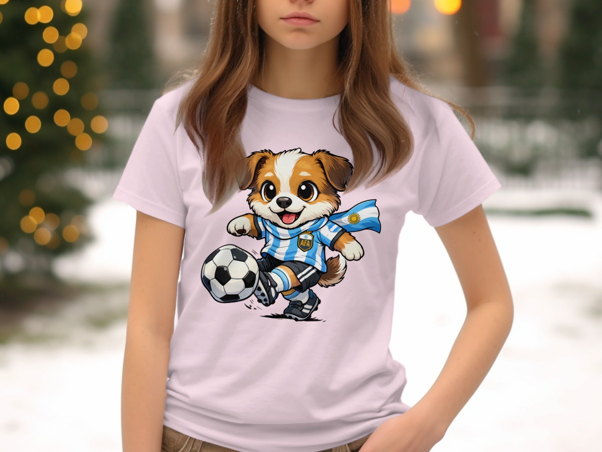 Cartoon dog wearing Argentina soccer jersey kicks a soccer ball, with logo.