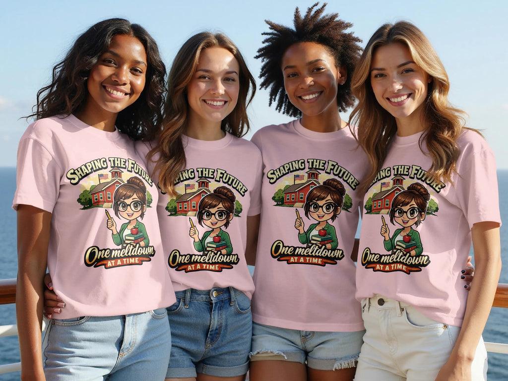 Four women model pink t-shirts with "Shaping the Future One Meltdown At A Time" graphic.