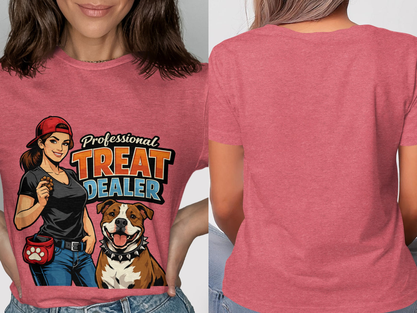 T-shirt graphic with woman, dog, and text: Professional Treat Dealer.