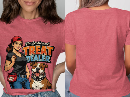 T-shirt graphic with woman, dog, and text: Professional Treat Dealer.