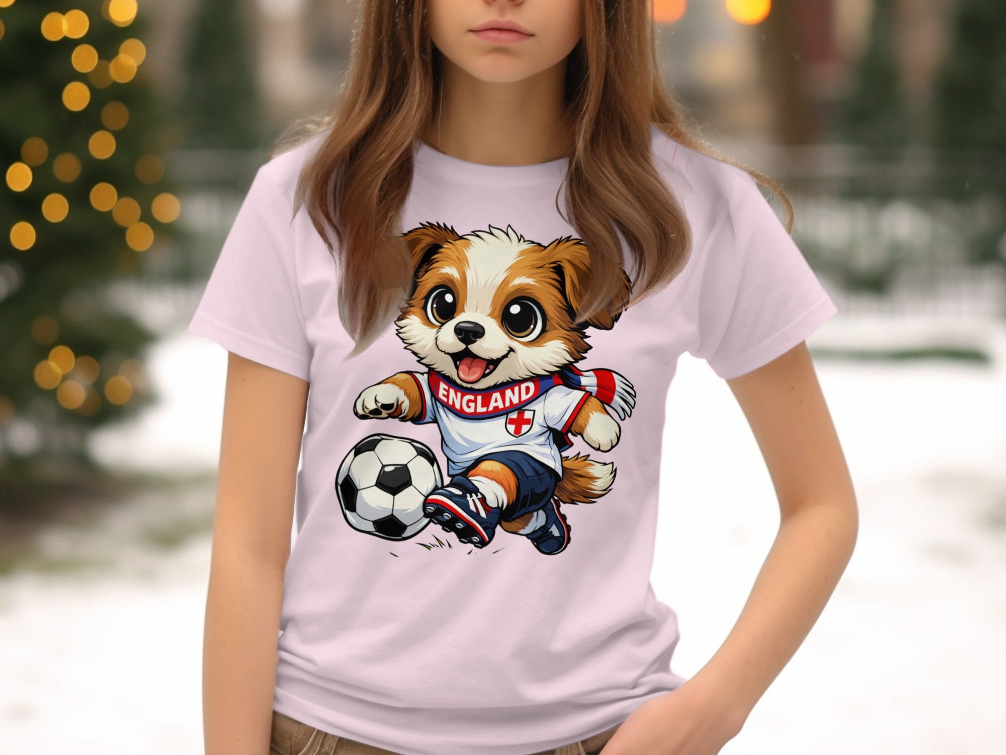 Cartoon dog in England soccer jersey kicks soccer ball on t-shirt.