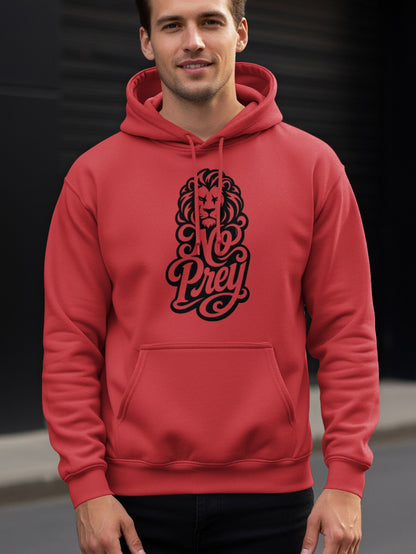 Red hoodie with black lion and "No Prey" graphic on chest.