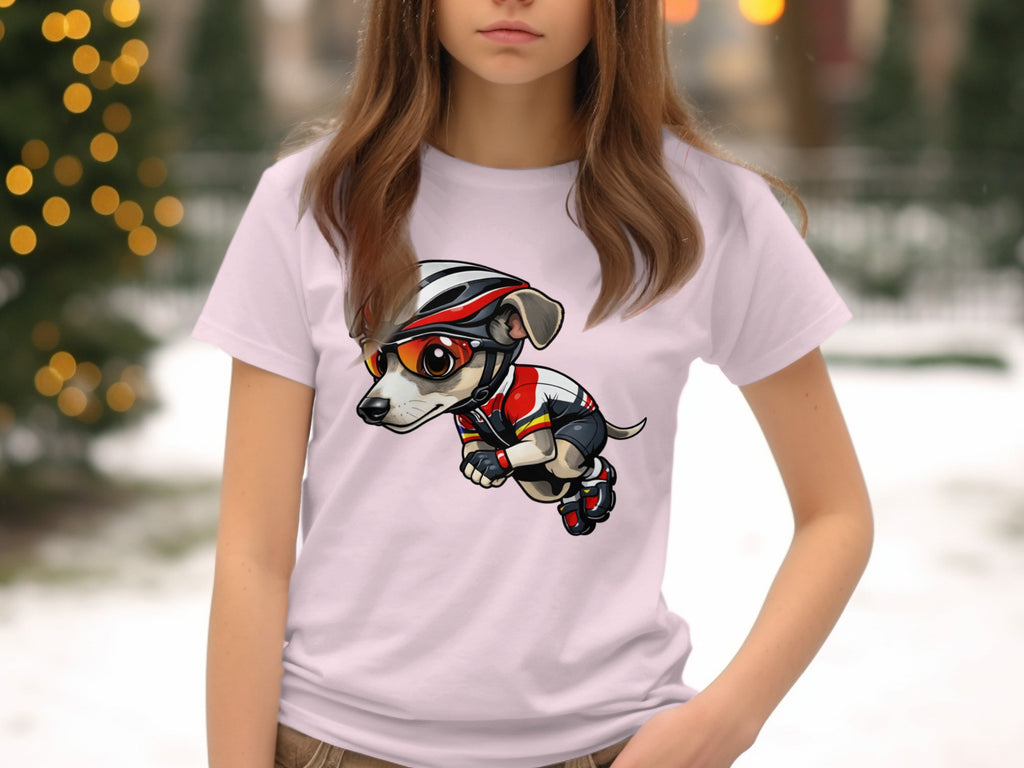 Cartoon dog wearing cycling gear and helmet on a pink t-shirt.