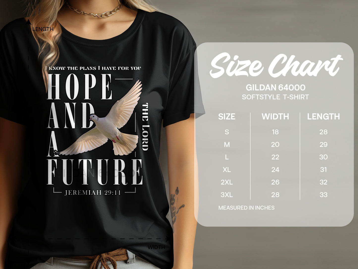 Black t-shirt with dove and text "Hope and a future, Jeremiah 29:11". Size chart included.
