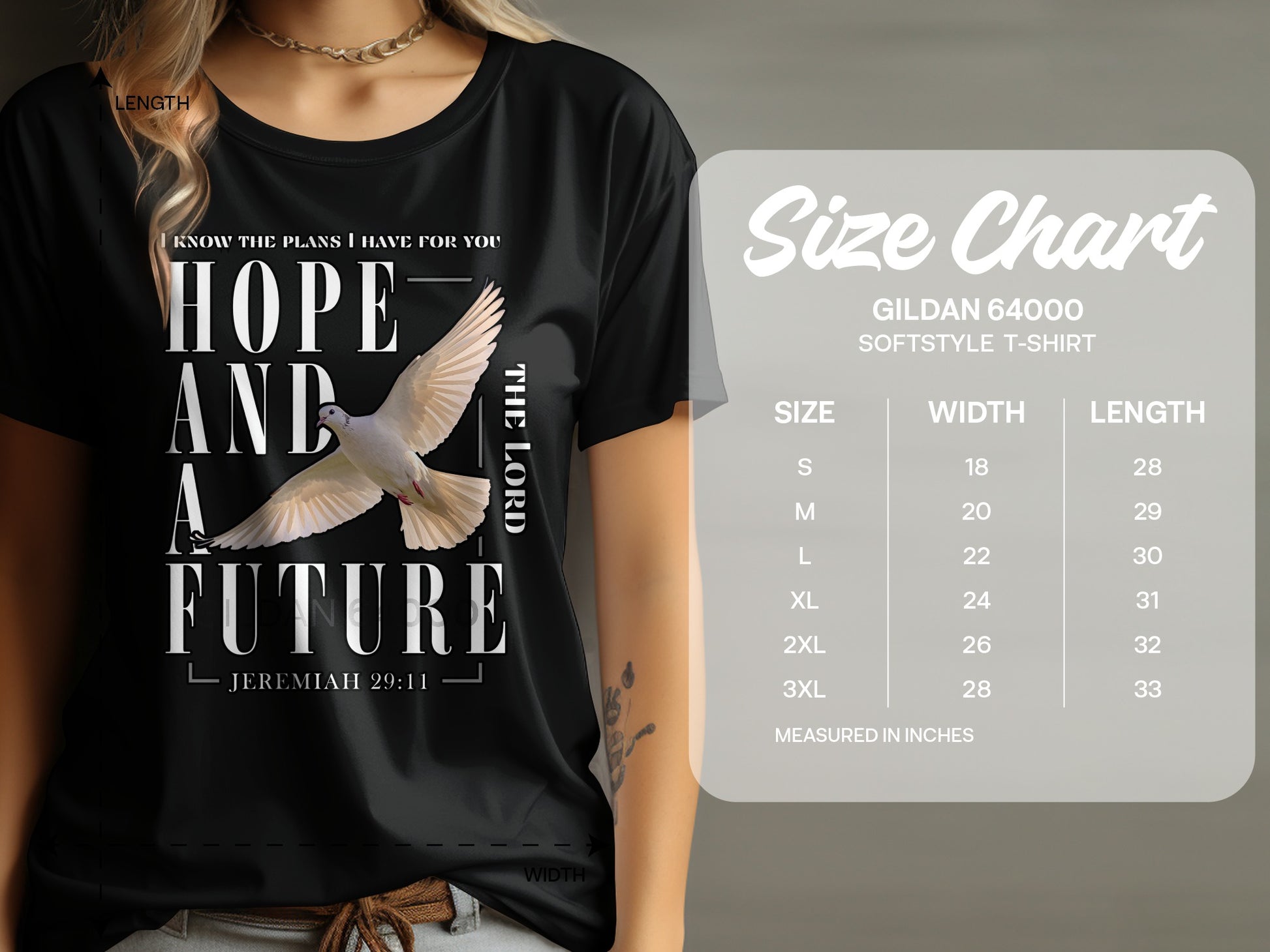 Black t-shirt with dove and text "Hope and a future, Jeremiah 29:11". Size chart included.