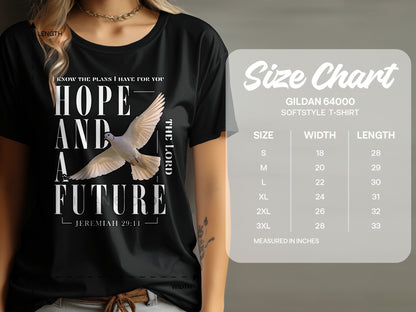Black t-shirt with dove and text "Hope and a future, Jeremiah 29:11". Size chart included.