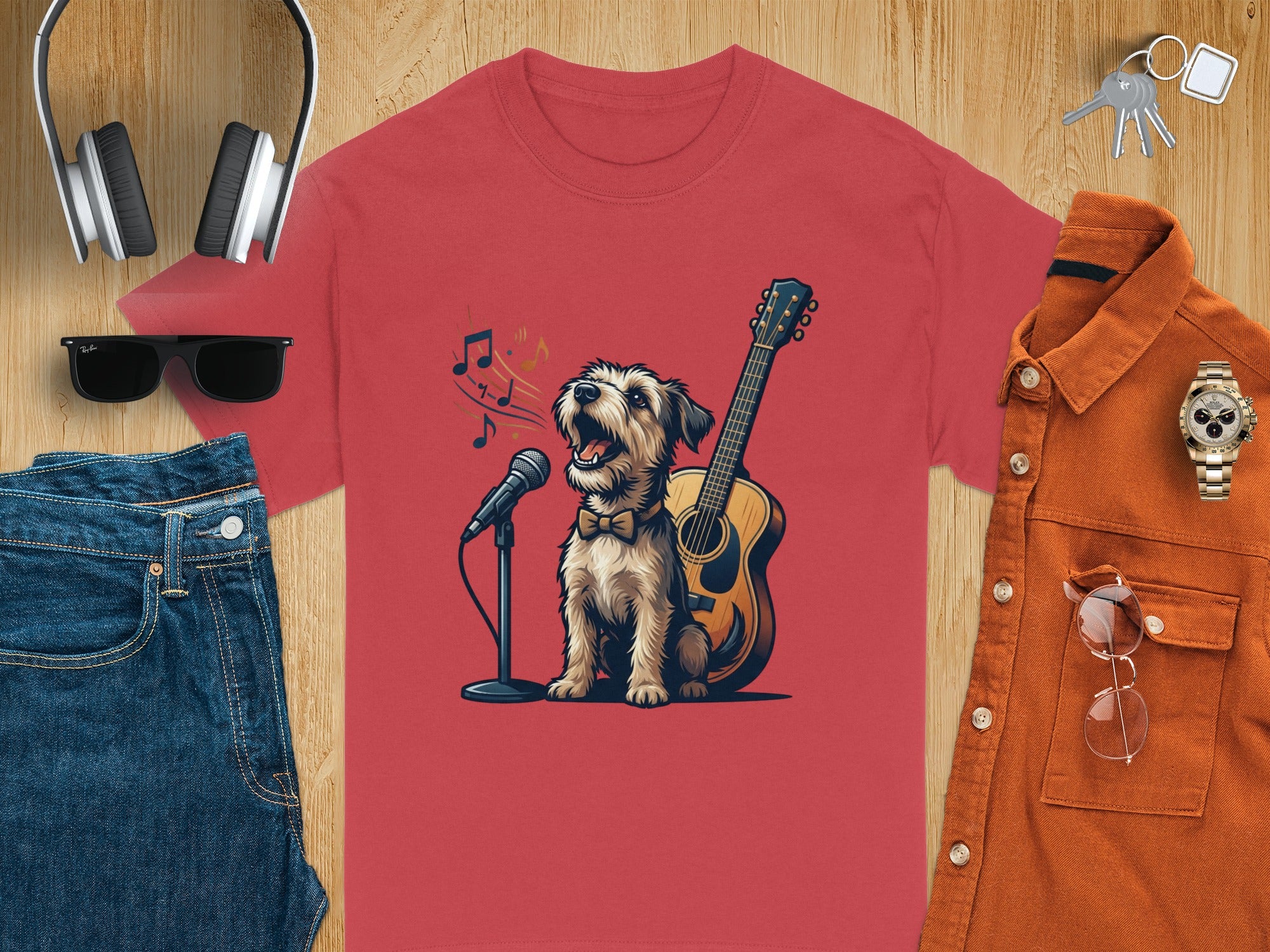 T-shirt with dog singing into microphone and guitar with music notes.