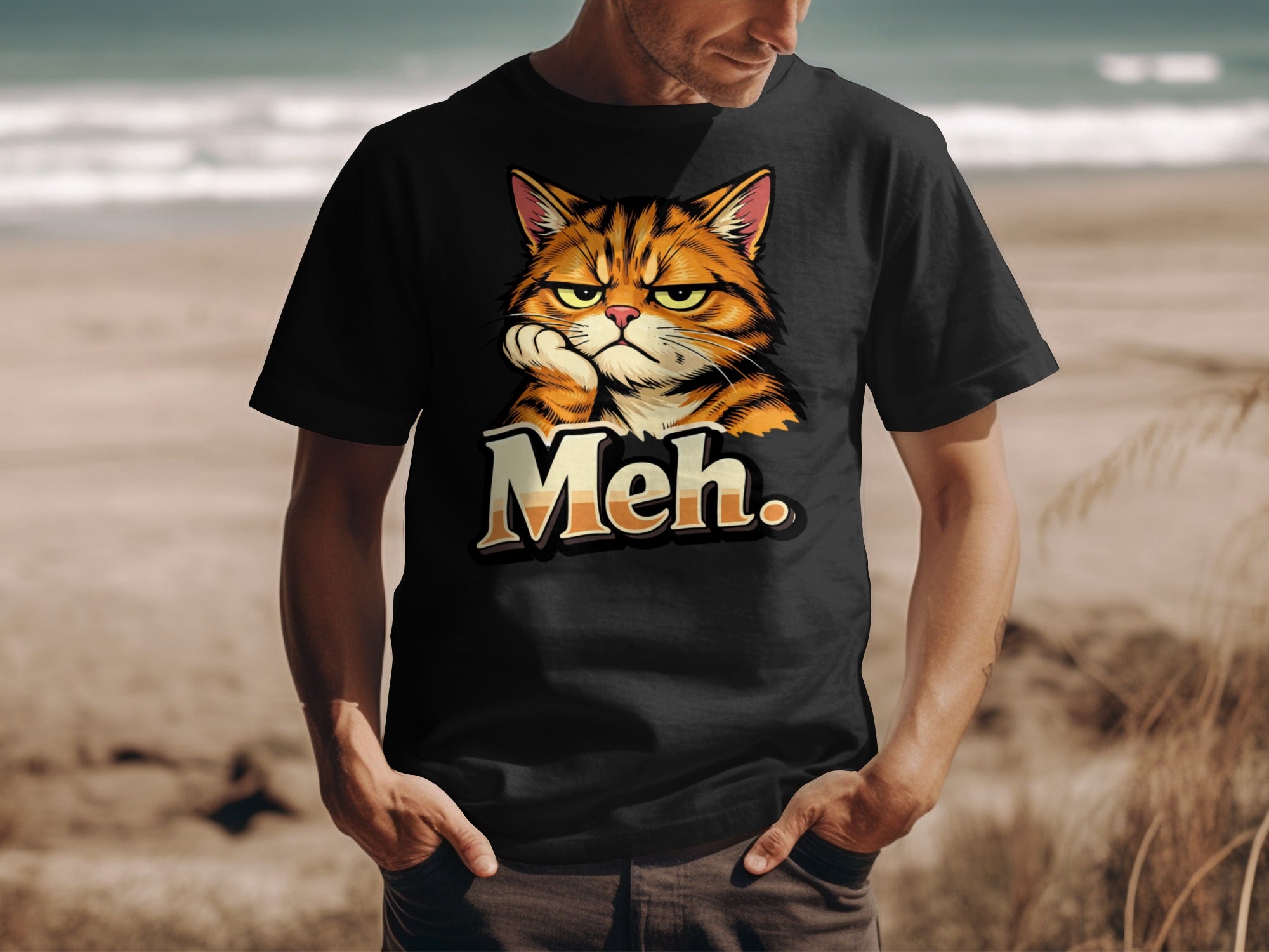 Black t-shirt with cartoon cat and "Meh." text.
