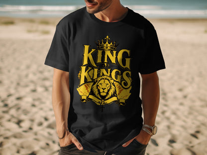 Black t-shirt with gold graphic of a crown, lion, and text "KING OF KINGS".