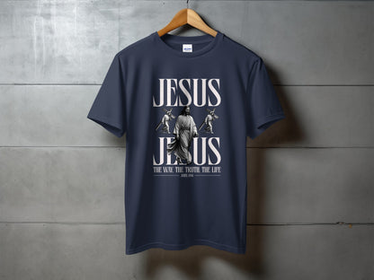 Dark navy t-shirt with graphic of Jesus and text "JESUS" and "THE WAY. THE TRUTH. THE LIFE. JOHN 14:6"