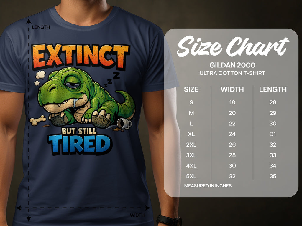 Navy t-shirt with sleeping dinosaur graphic; features size chart for Gildan 2000 t-shirts.