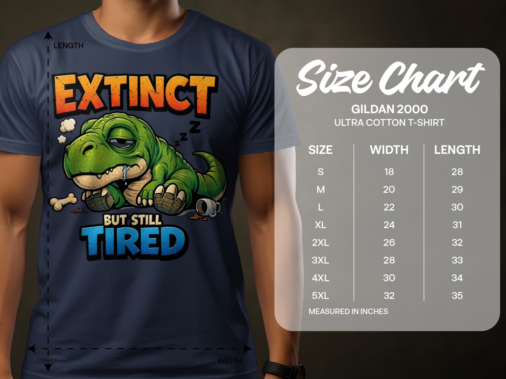 Navy t-shirt with sleeping dinosaur graphic; features size chart for Gildan 2000 t-shirts.