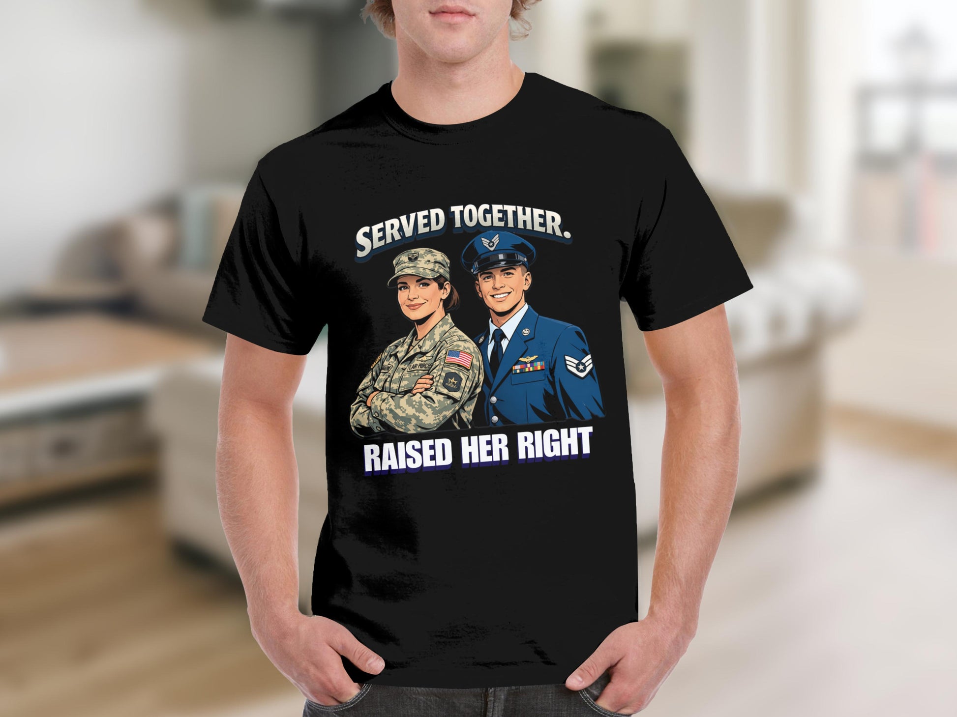 Black t-shirt with military graphic and text SERVED TOGETHER. RAISED HER RIGHT.