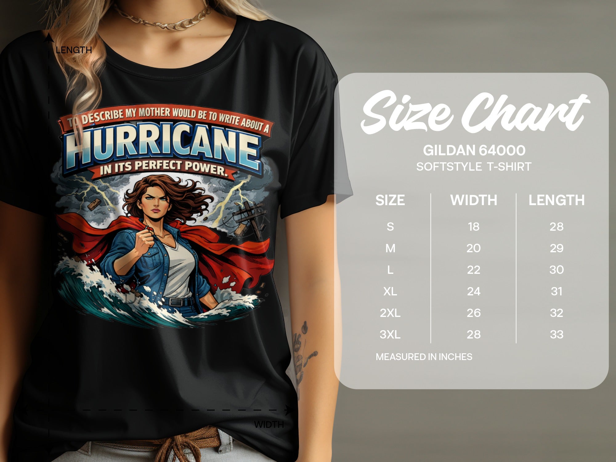 Black t-shirt with "Hurricane In Its Perfect Power" graphic and a size chart.