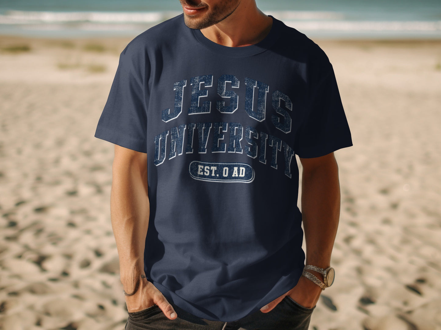 Navy t-shirt with "JESUS UNIVERSITY EST. O AD" distressed print.