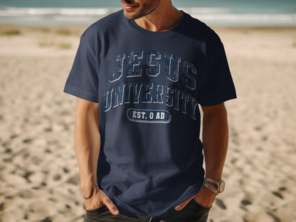 Navy t-shirt with "JESUS UNIVERSITY EST. O AD" distressed print.