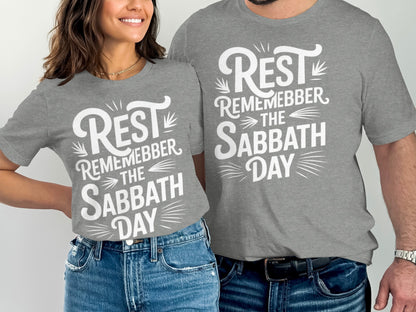 Grey t-shirts with white text: "Rest Remember The Sabbath Day"