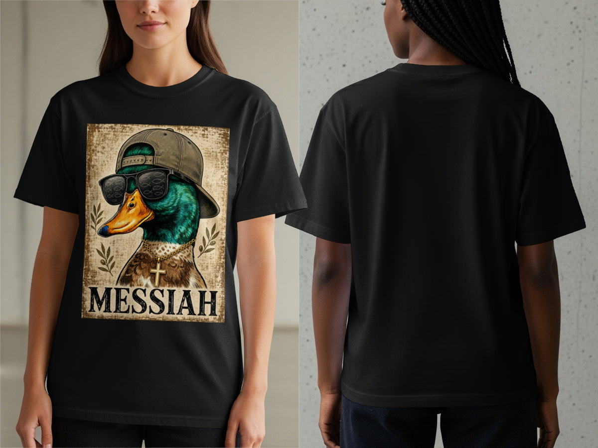 Black t-shirt with a graphic of a duck wearing sunglasses and a cross necklace, with "MESSIAH" text.