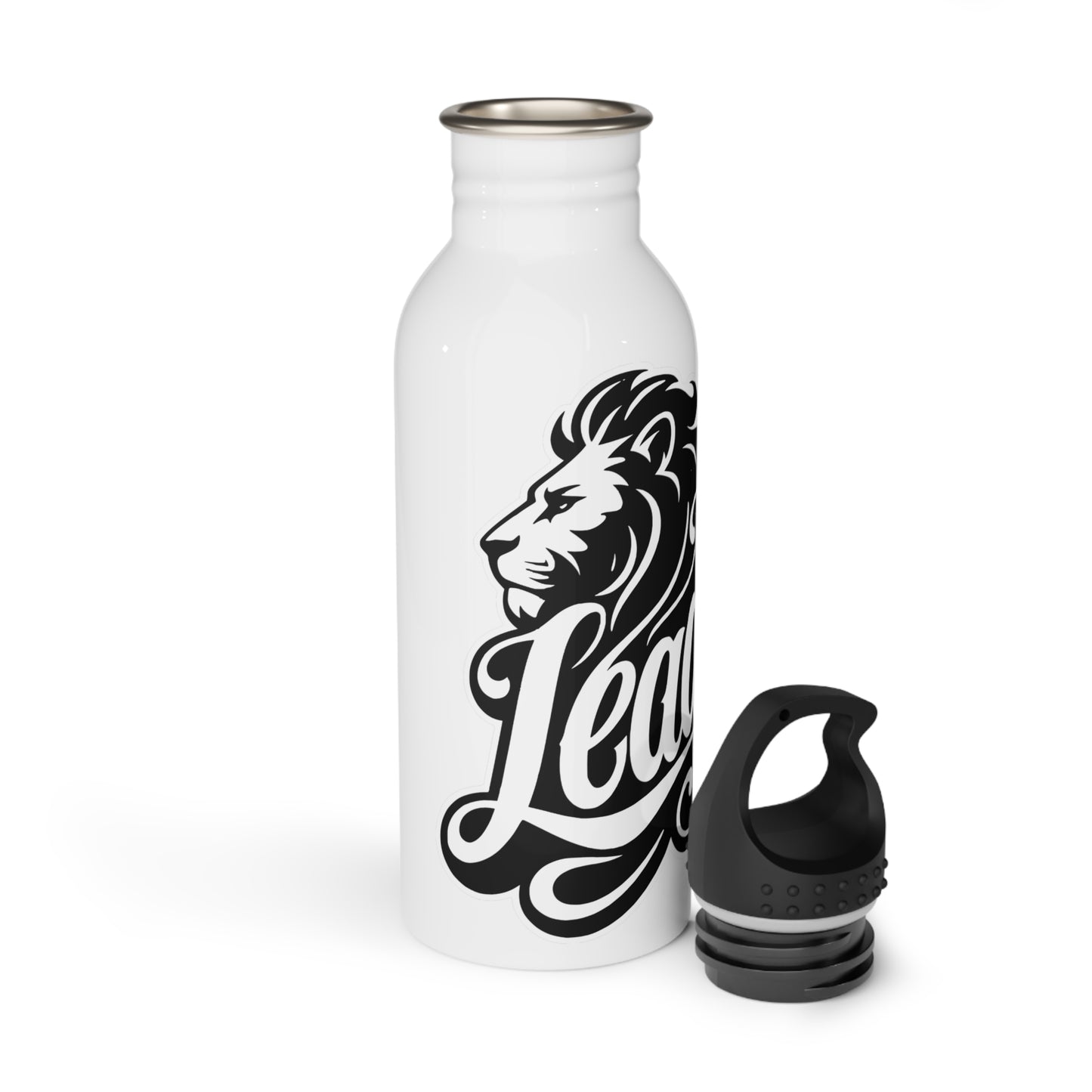 White water bottle with black lion logo and "Leader" text, black lid off.