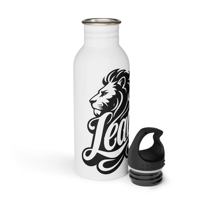 White water bottle with black lion logo and "Leader" text, black lid off.