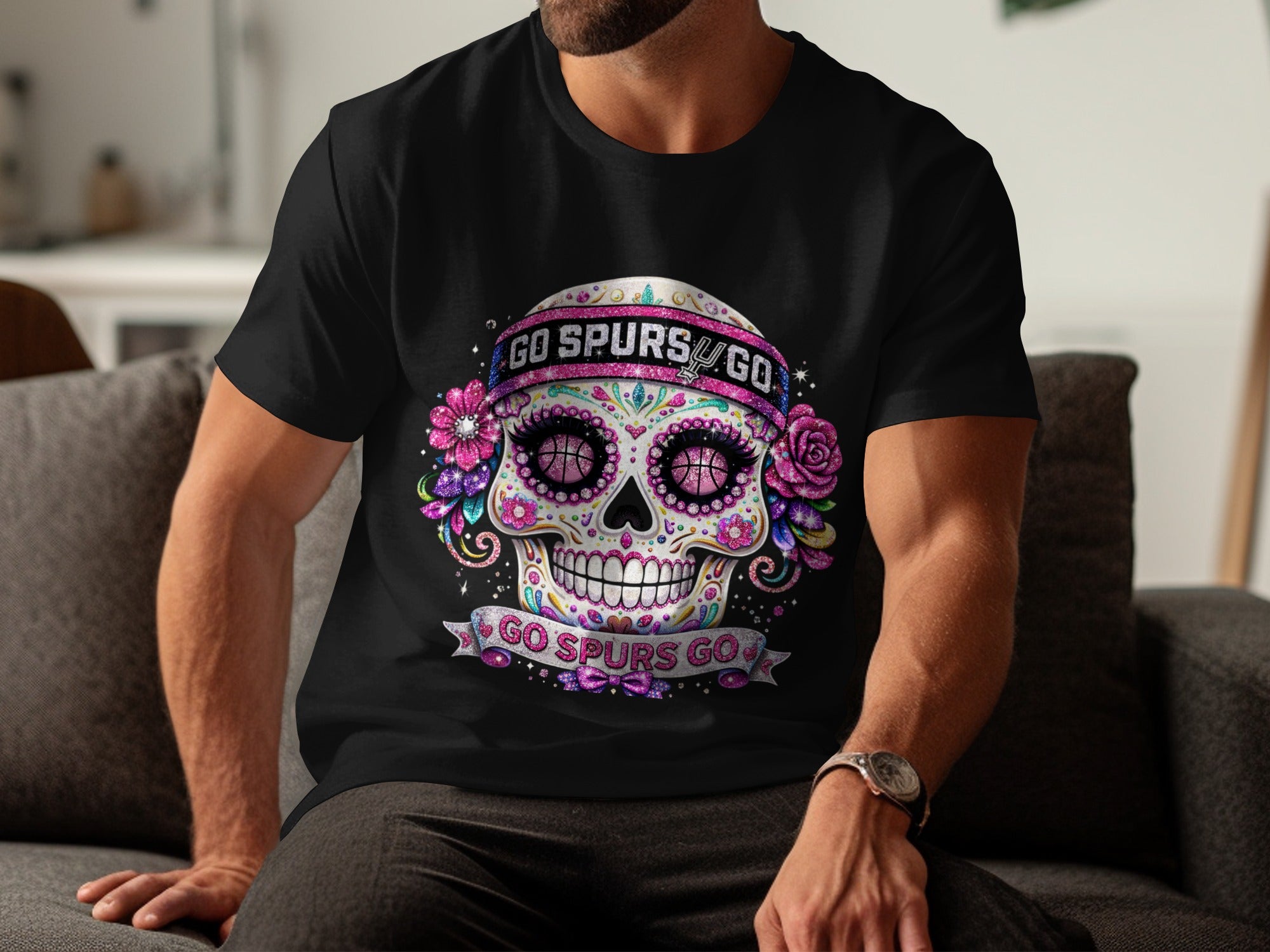 Black t-shirt with a glittery sugar skull design, basketball eyes, and "GO SPURS GO" text.